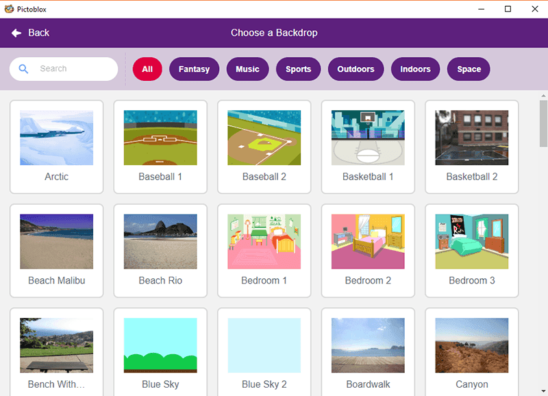PictoBlox Choose a Backdrop screen showing various backdrop options like Arctic, Baseball, Beach, Bedroom, Blue Sky, Boardwalk, and Canyon