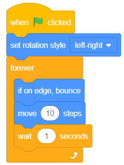 PictoBlox stage showing Tobi the bear walking back and forth on a green outdoor background after running the completed script