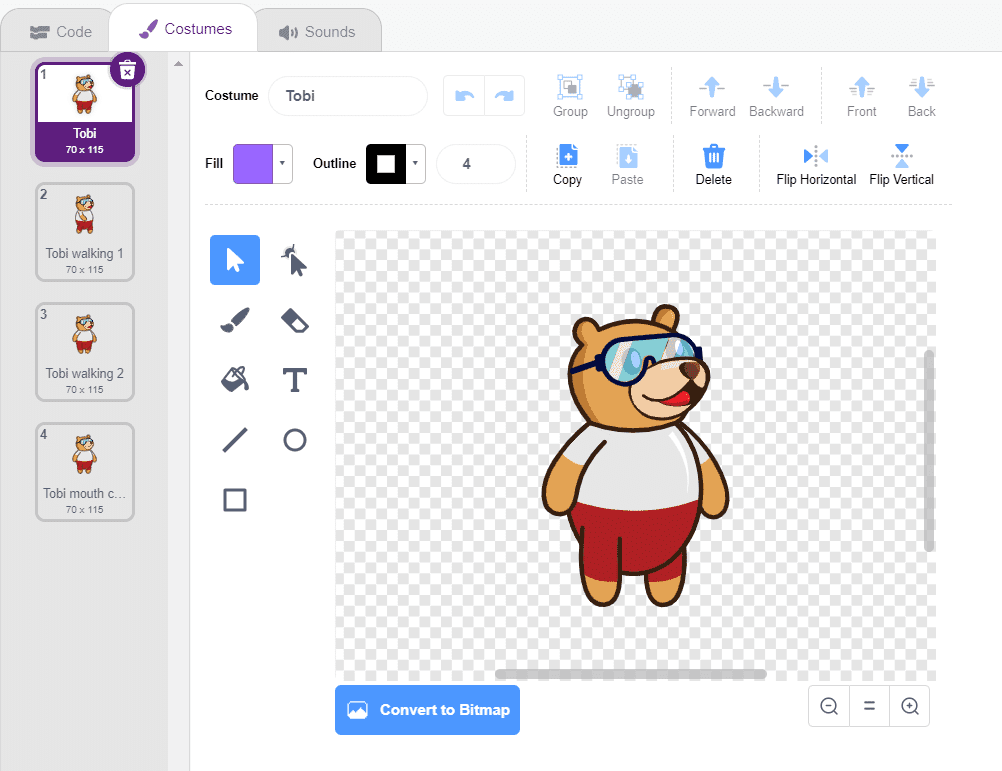 PictoBlox Costumes tab showing Tobi sprite with multiple costume frames including Tobi, Tobi walking 1, Tobi walking 2, and Tobi mouth open in the paint editor