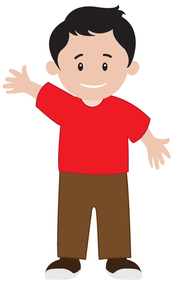 Cartoon boy wearing casual red shirt and brown pants before getting dressed for school