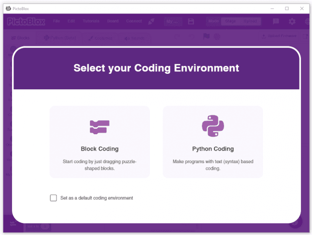 PictoBlox Select your Coding Environment dialog showing Block Coding and Python Coding options