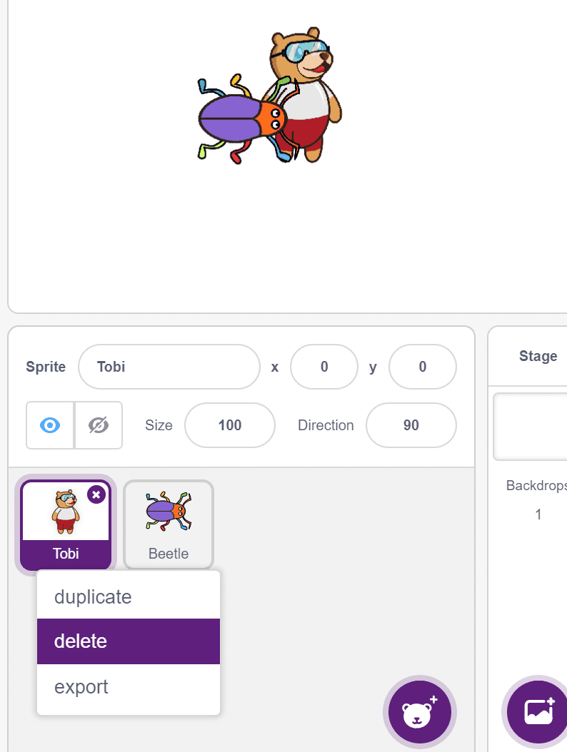 PictoBlox Stage Palette panel showing backdrop options including choose from library, paint, import, and camera