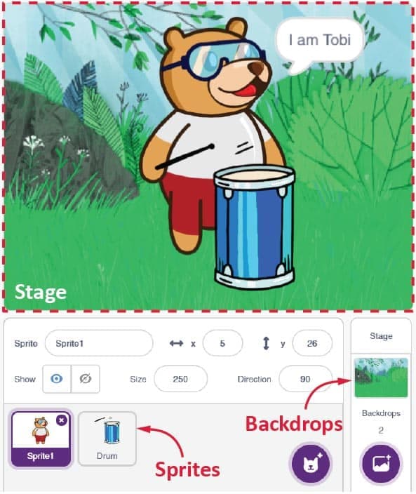PictoBlox Stage showing Tobi the bear sprite on a colorful outdoor background with Sprites and Backdrops panels below
