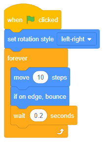 Block coding script with set rotation style, forever loop, move steps, and if on edge bounce blocks
