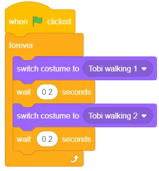 Block coding script showing forever loop with switch costume to Tobi Walking 1, wait 0.2 seconds, switch costume to Tobi Walking 2, wait 0.2 seconds