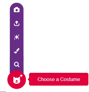 Choose a Costume button and costume options menu in PictoBlox