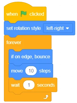 PictoBlox stage showing Tobi the bear walking back and forth on a green outdoor background after running the completed script