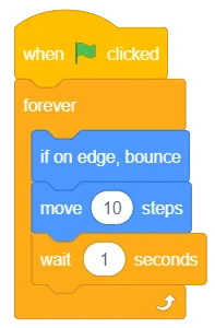 PictoBlox stage showing Tobi the bear walking back and forth on a green outdoor background after running the completed script