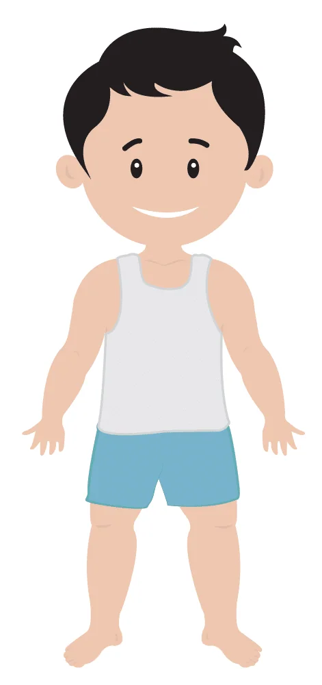 Cartoon boy wearing a fresh pair of undergarments after removing previous day's clothes