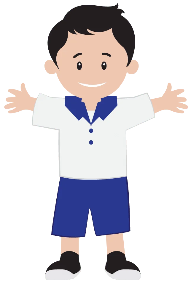 Cartoon boy fully dressed in school uniform with white shirt and blue pants