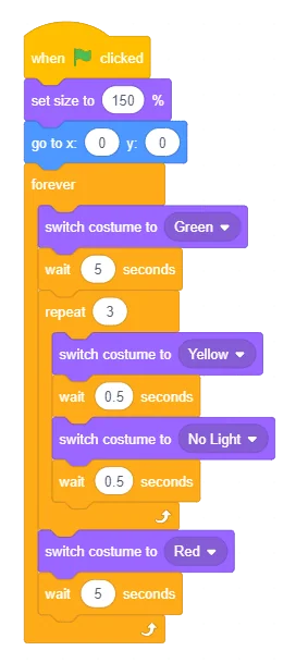Block coding script in PictoBlox showing how traffic signal colors are changed at regular intervals
