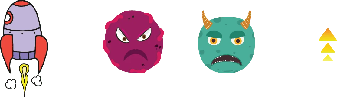Various example sprites available in PictoBlox including a rocket, monster, and arrow character