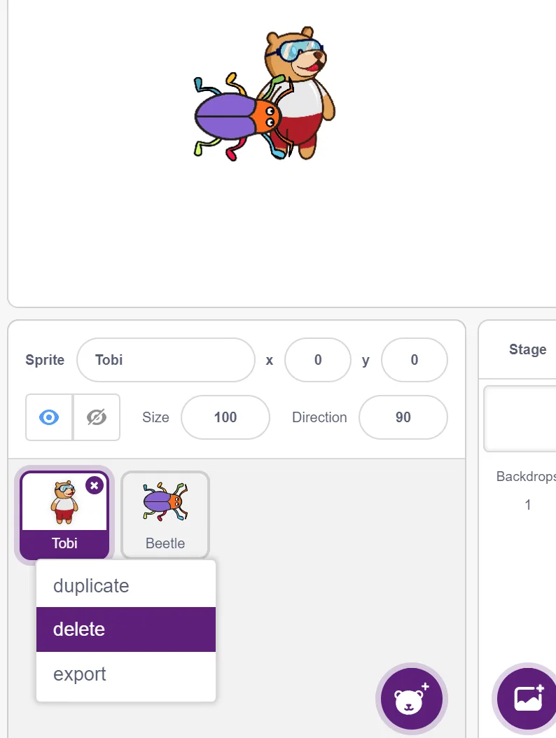 PictoBlox Stage Palette panel showing backdrop options including choose from library, paint, import, and camera