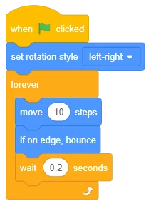 Block coding script with set rotation style, forever loop, move steps, and if on edge bounce blocks